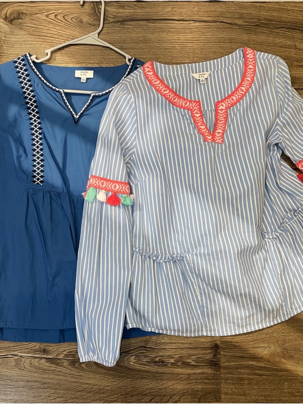 crown & ivy Blue Embroidered V-Neck Tunic with White Trim